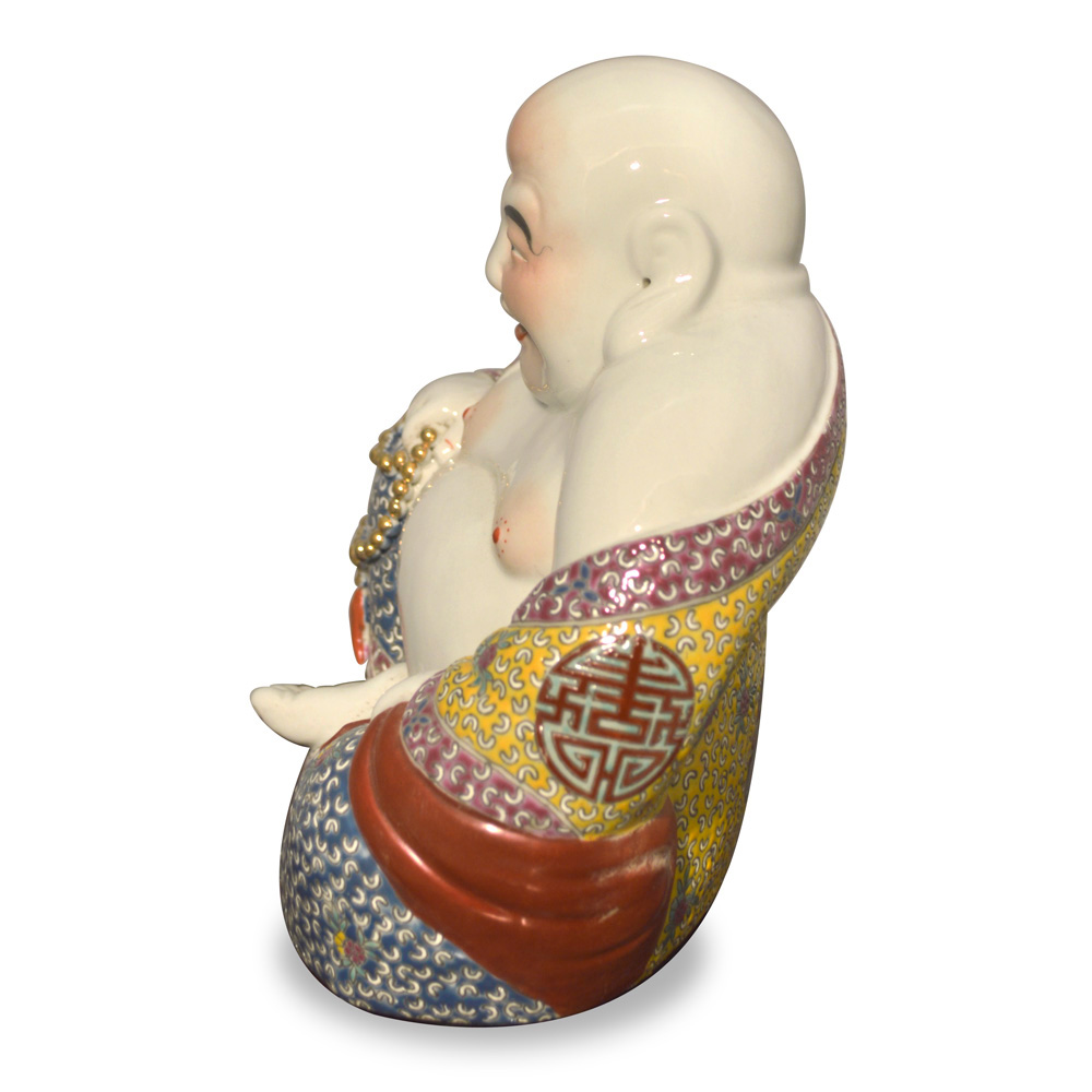 Porcelain Happy Buddha Asian Figurine in Vivid Robe