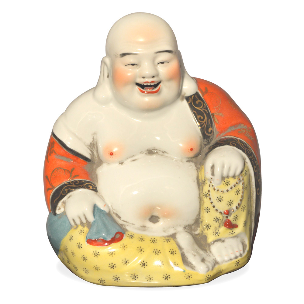 Porcelain Happy Buddha Asian Figurine in Orange and Black Robe