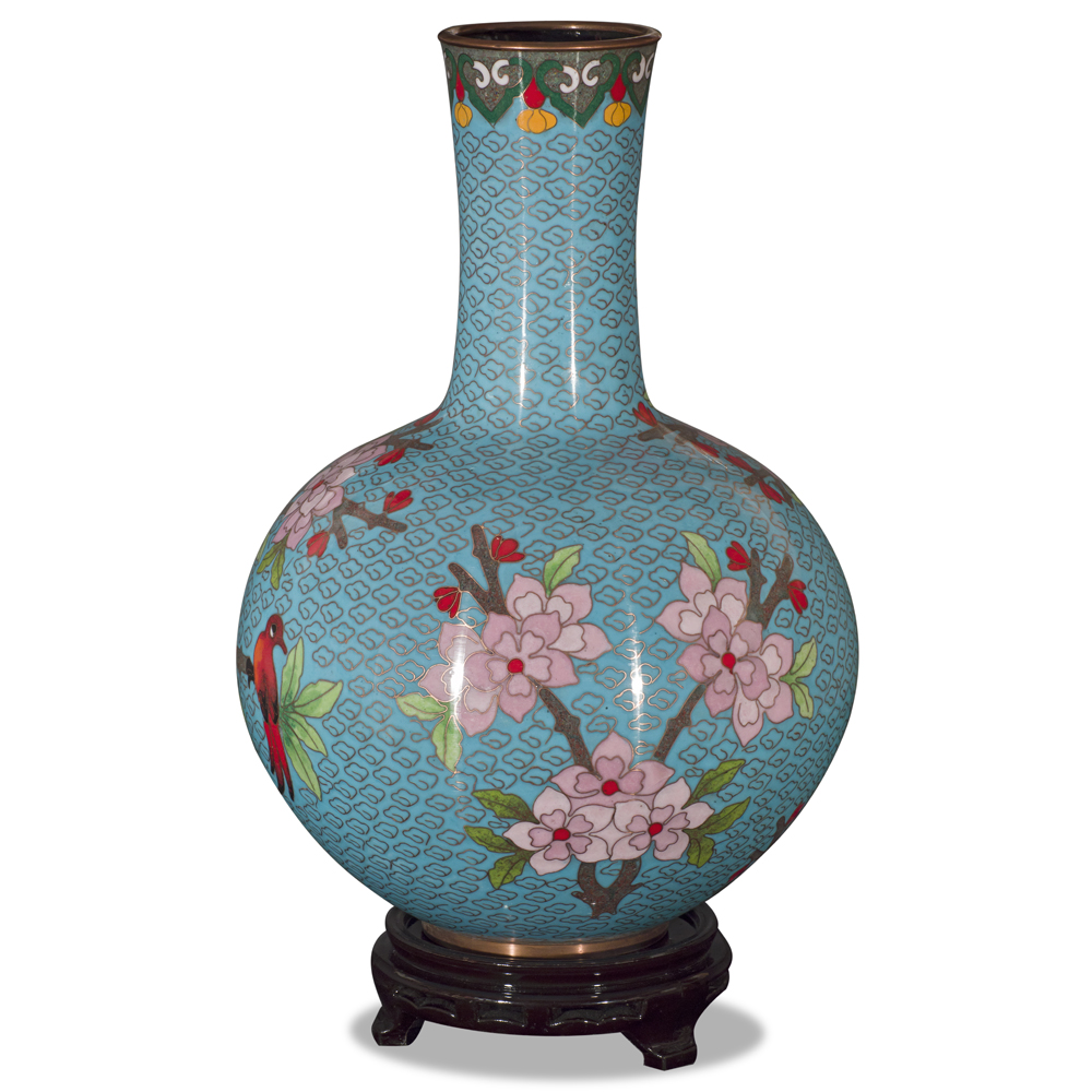 Sky Blue Peking Floral Motif Oriental Cloisonne Vase