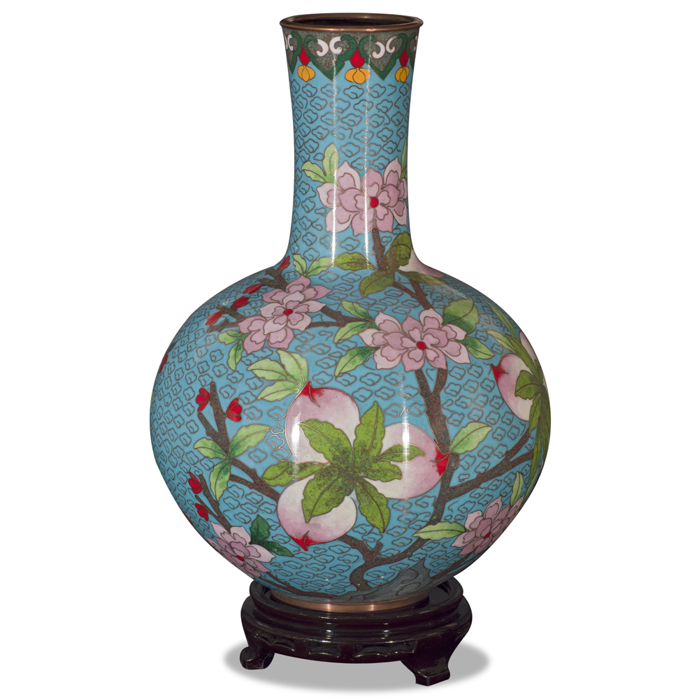 Sky Blue Peking Floral Motif Oriental Cloisonne Vase