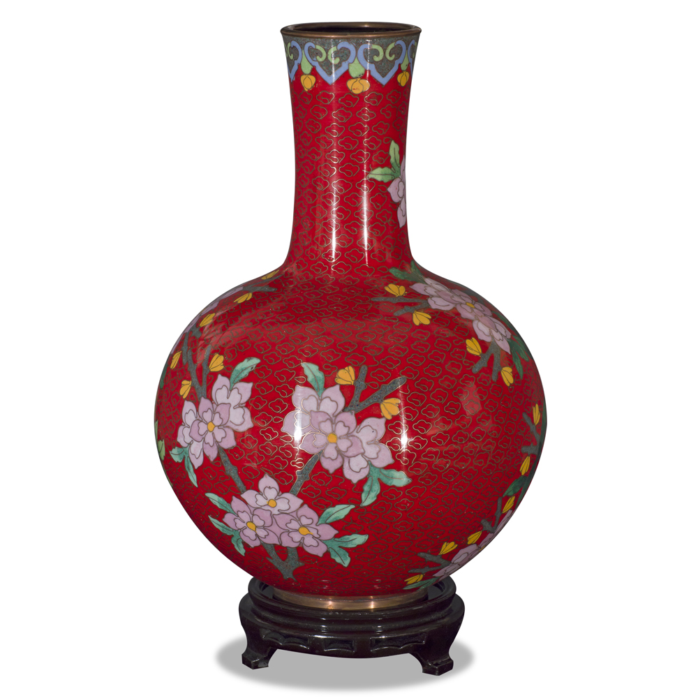 Red Peking Floral Motif Oriental Cloisonne Vase