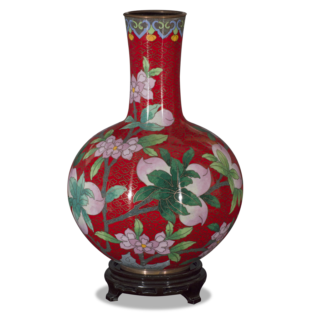 Red Peking Floral Motif Oriental Cloisonne Vase
