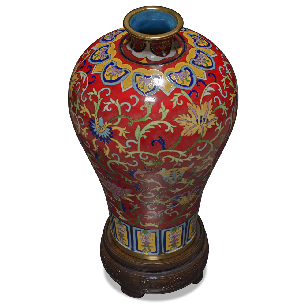 Red Imperial Vine Motif Oriental Cloisonne Vase