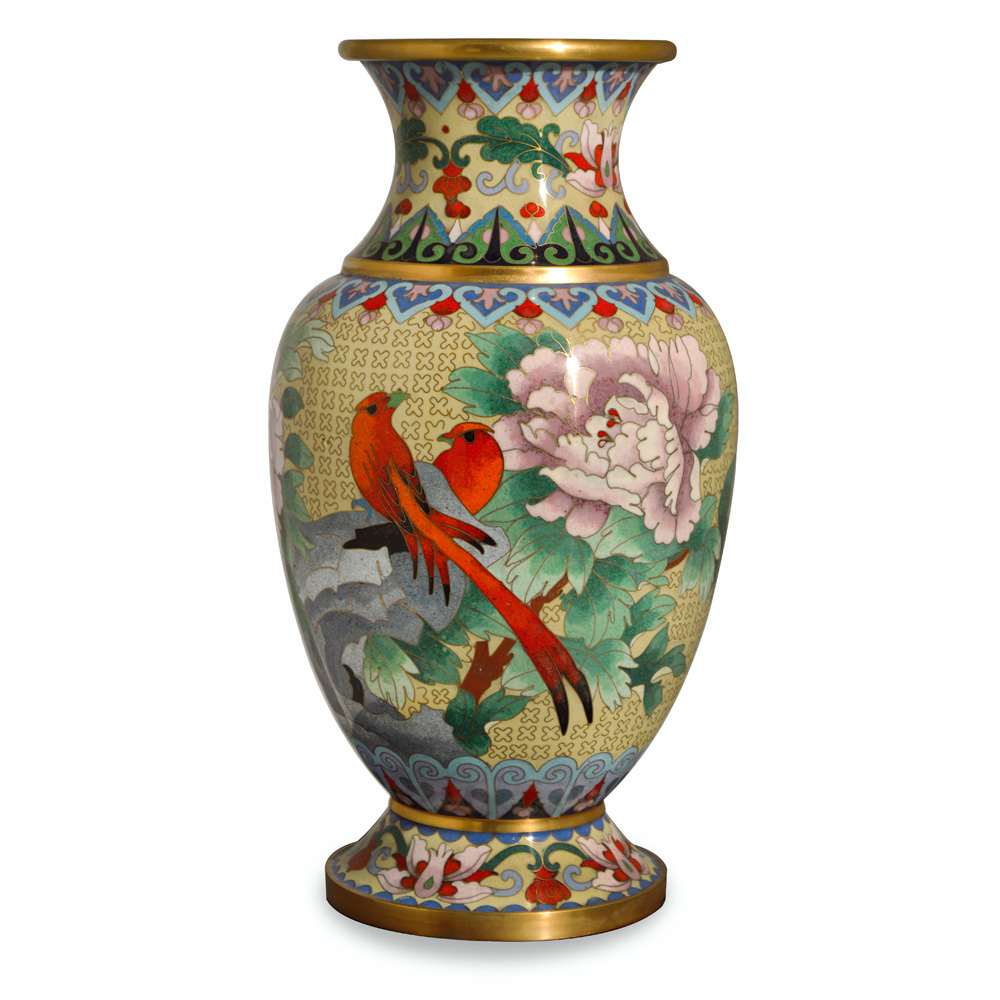 Earth Toned Peony and Birds Cloisonne Vase