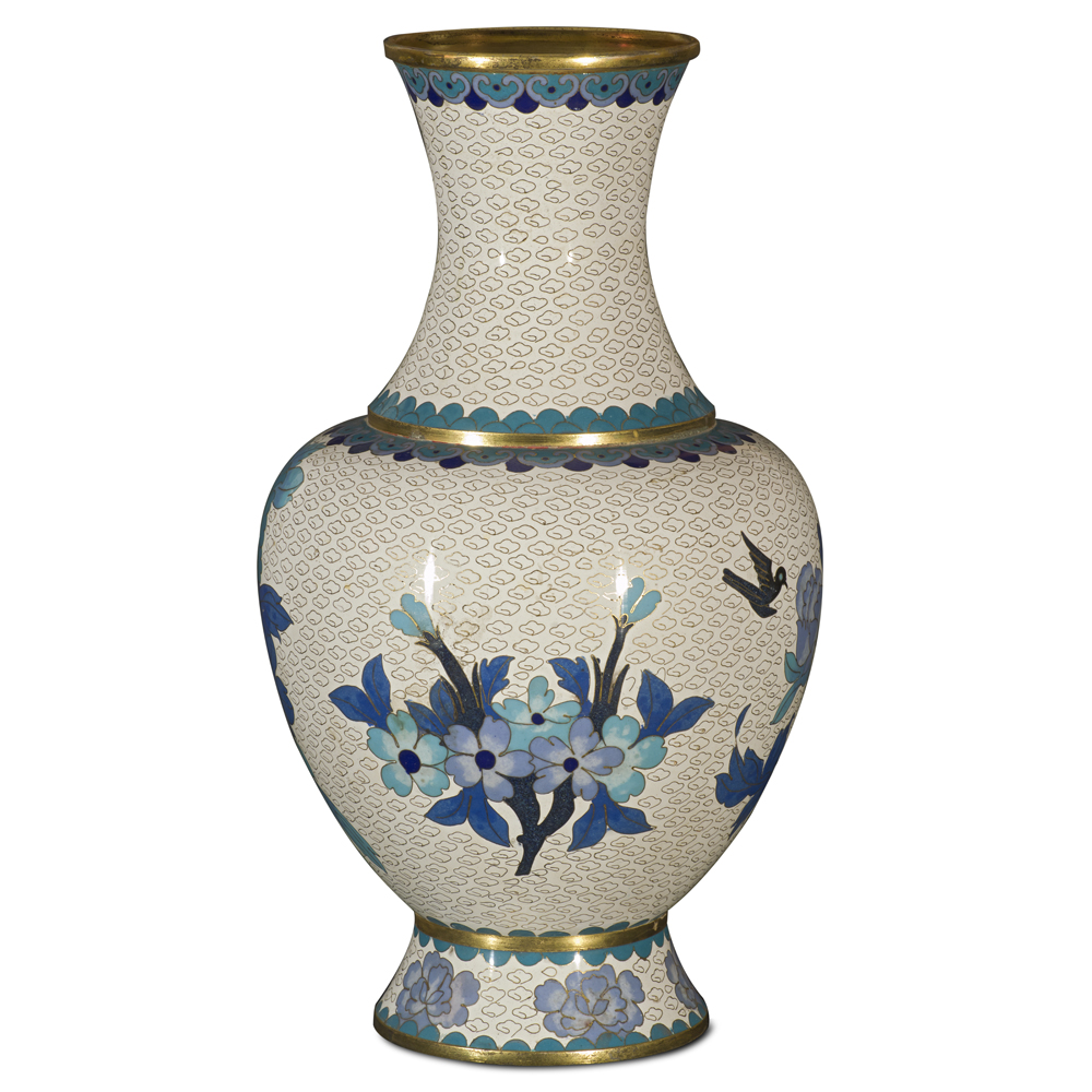 Blue and White Peony Motif Cloisonne Vase