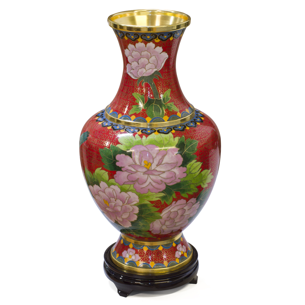 Red Floral Motif Oriental Cloisonne Vase with Stand