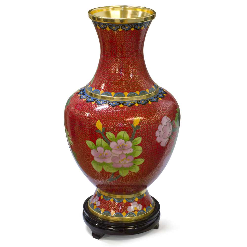 Red Floral Motif Oriental Cloisonne Vase with Stand