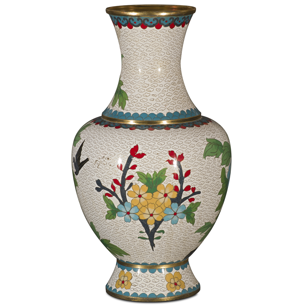 White Peony Motif Oriental Cloisonne Vase