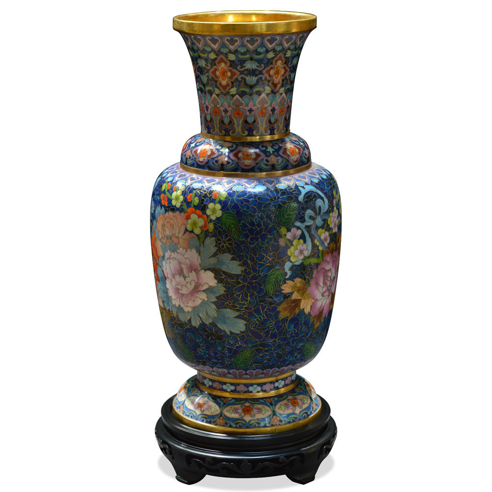 Blue Flower Bouquet Motif Oriental Cloisonne Vase with Wooden Stand