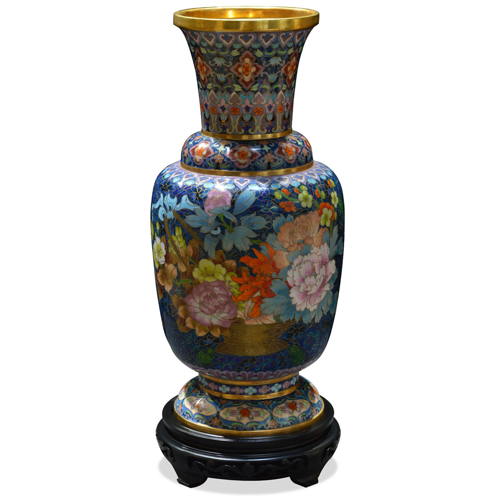 Blue Flower Bouquet Motif Oriental Cloisonne Vase with Wooden Stand