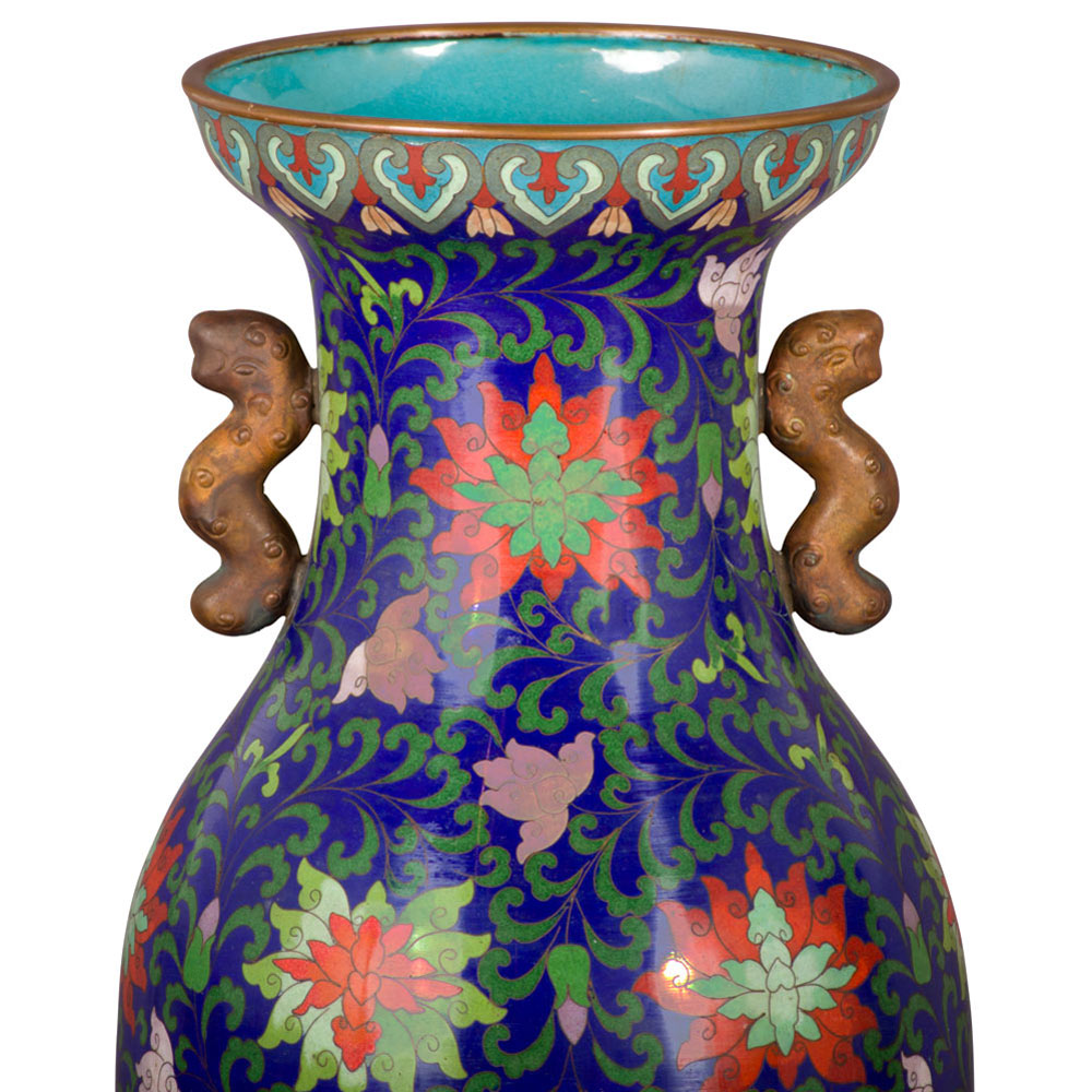 Vintage Royal Blue Floral Motif Chinese Cloisonne Vase