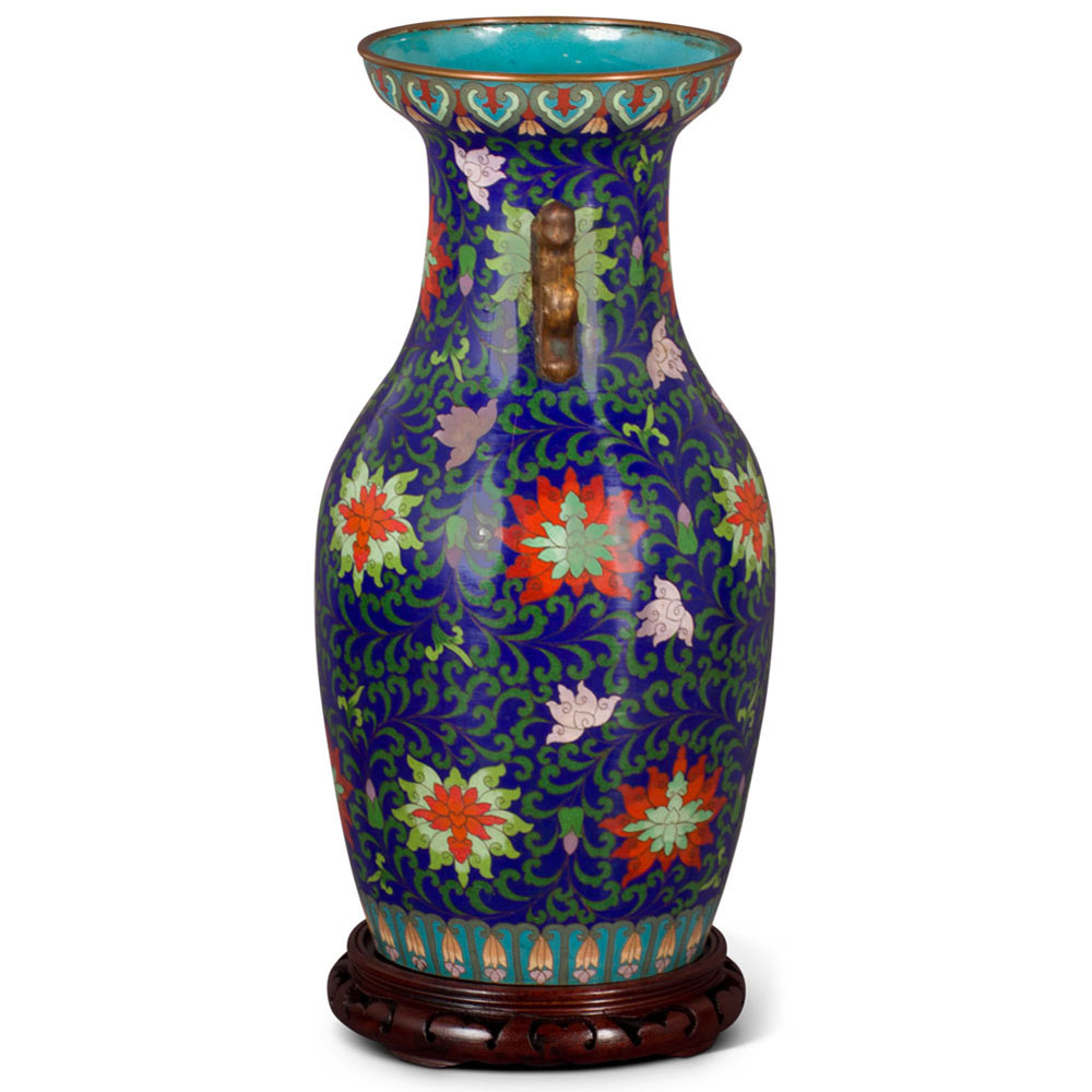 Vintage Royal Blue Floral Motif Chinese Cloisonne Vase