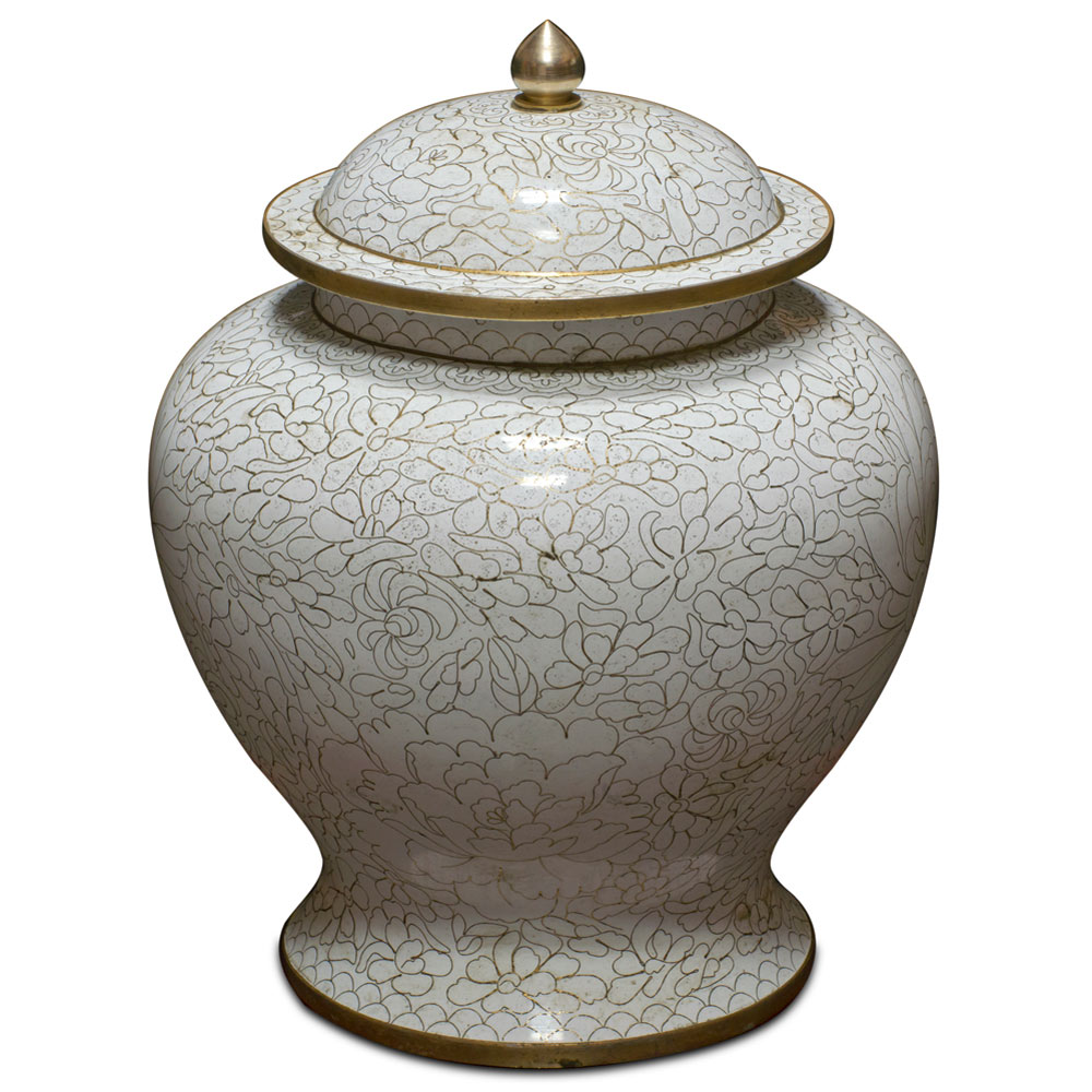 White Peony Flower Motif Oriental Cloisonne Jar