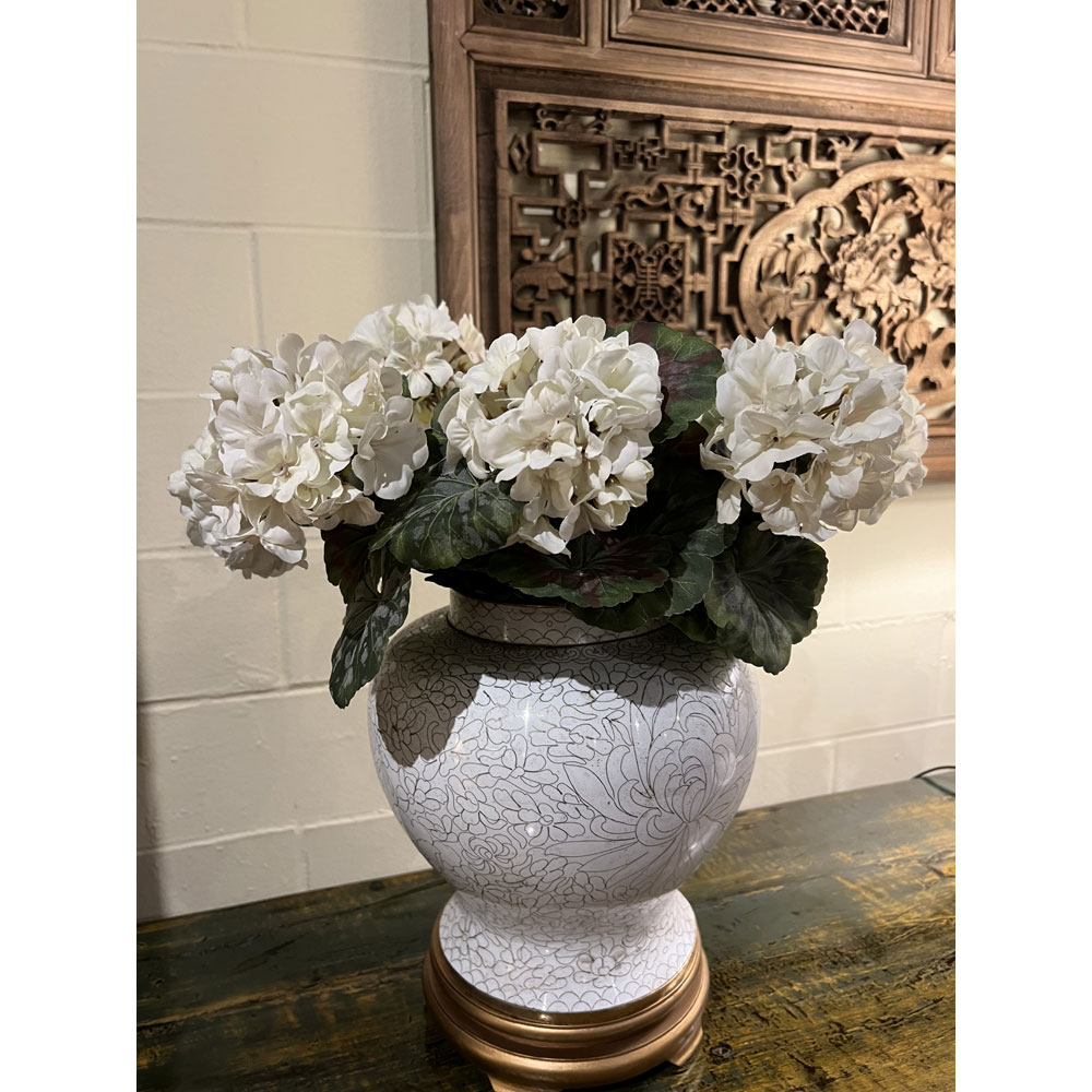 White Peony Flower Motif Oriental Cloisonne Jar