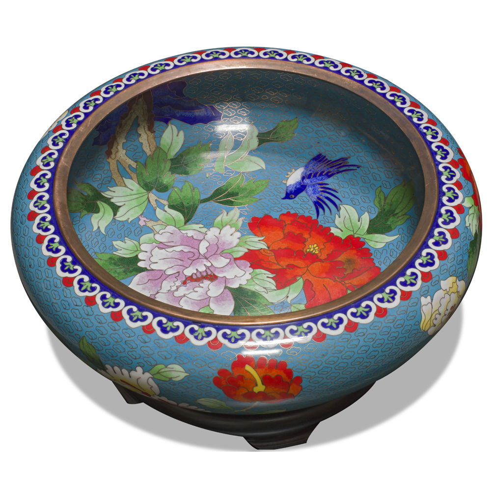 Blue Bird and Flower Motif Oriental Cloisonne Bowl