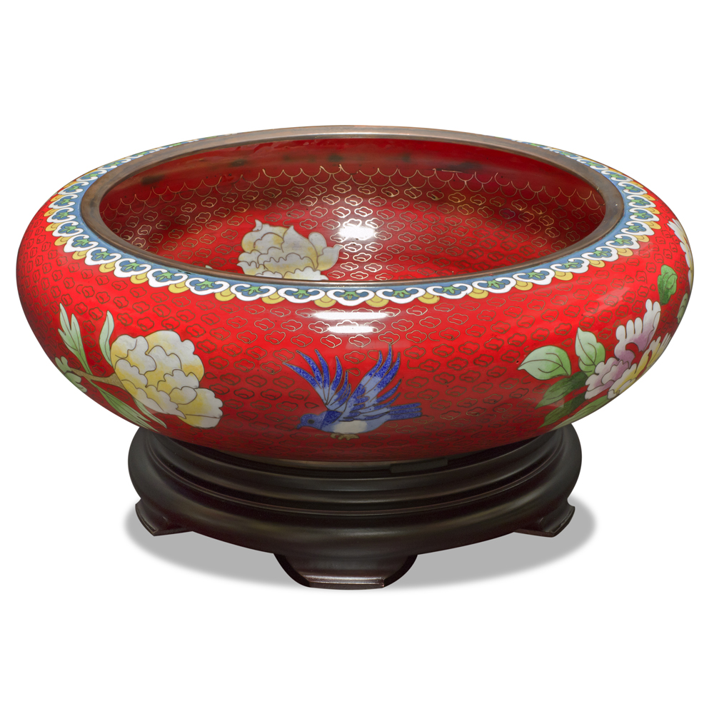 Red Bird and Flower Motif Cloisonne Bowl