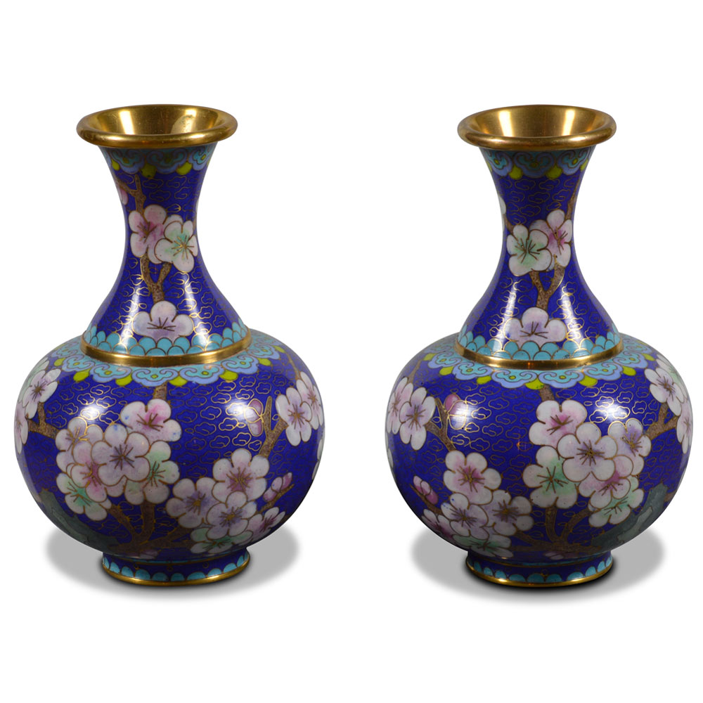 Blue Floral Motif Oriental Imperial Cloisonne Vase Set
