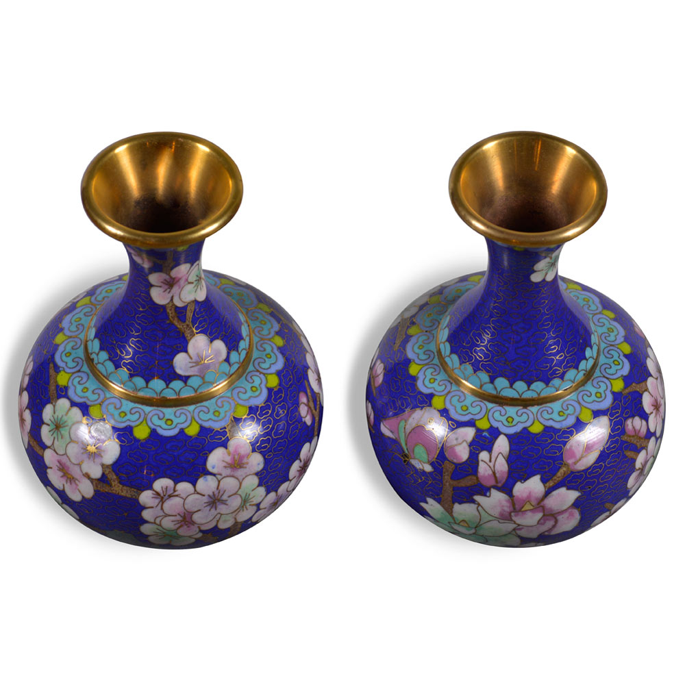 Blue Floral Motif Oriental Imperial Cloisonne Vase Set
