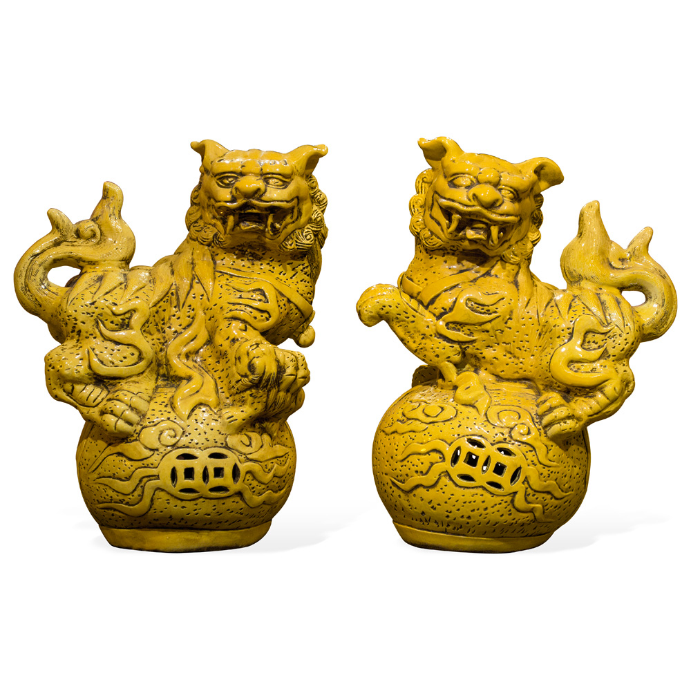Yellow Imperial Porcelain Chinese Foo Dog Set