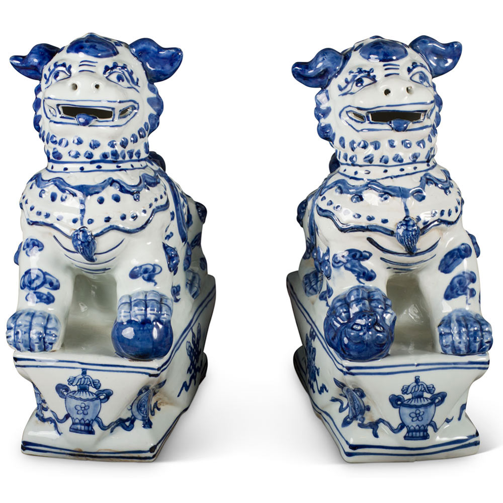 Set of 2 Blue and White Qing Dynasty Foo Dogs