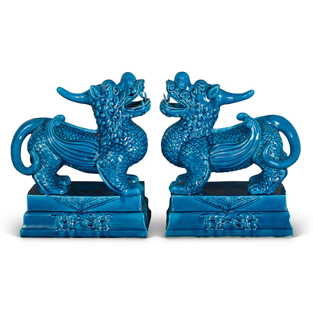 Blue Porcelain Standing Chinese Pixiu Set