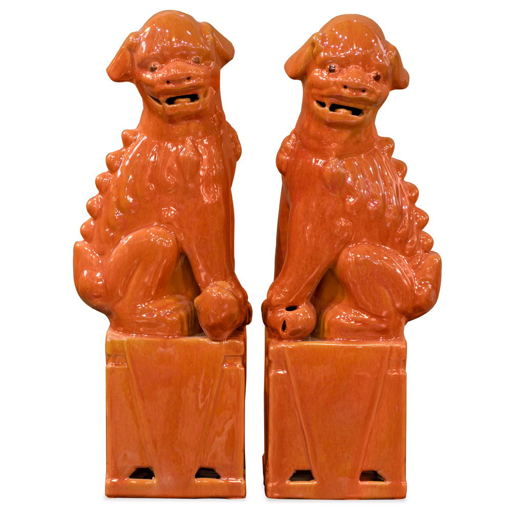 Orange Porcelain Foo Dog Oriental Figurine Set
