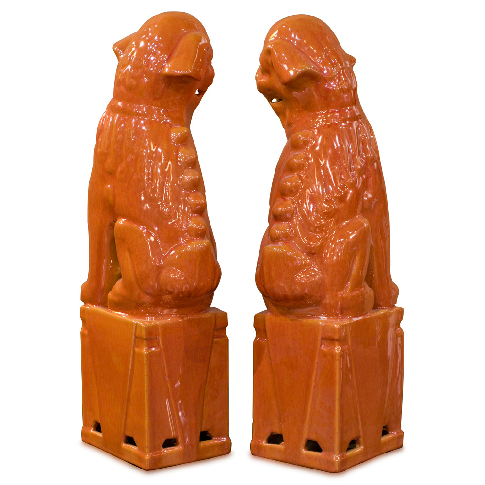 Orange Porcelain Foo Dog Oriental Figurine Set