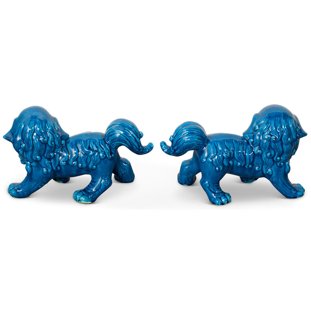 Blue Porcelain Standing Chinese Foo Dog Set