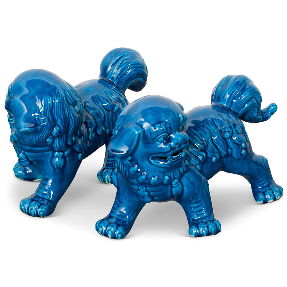 Blue Porcelain Standing Chinese Foo Dog Set