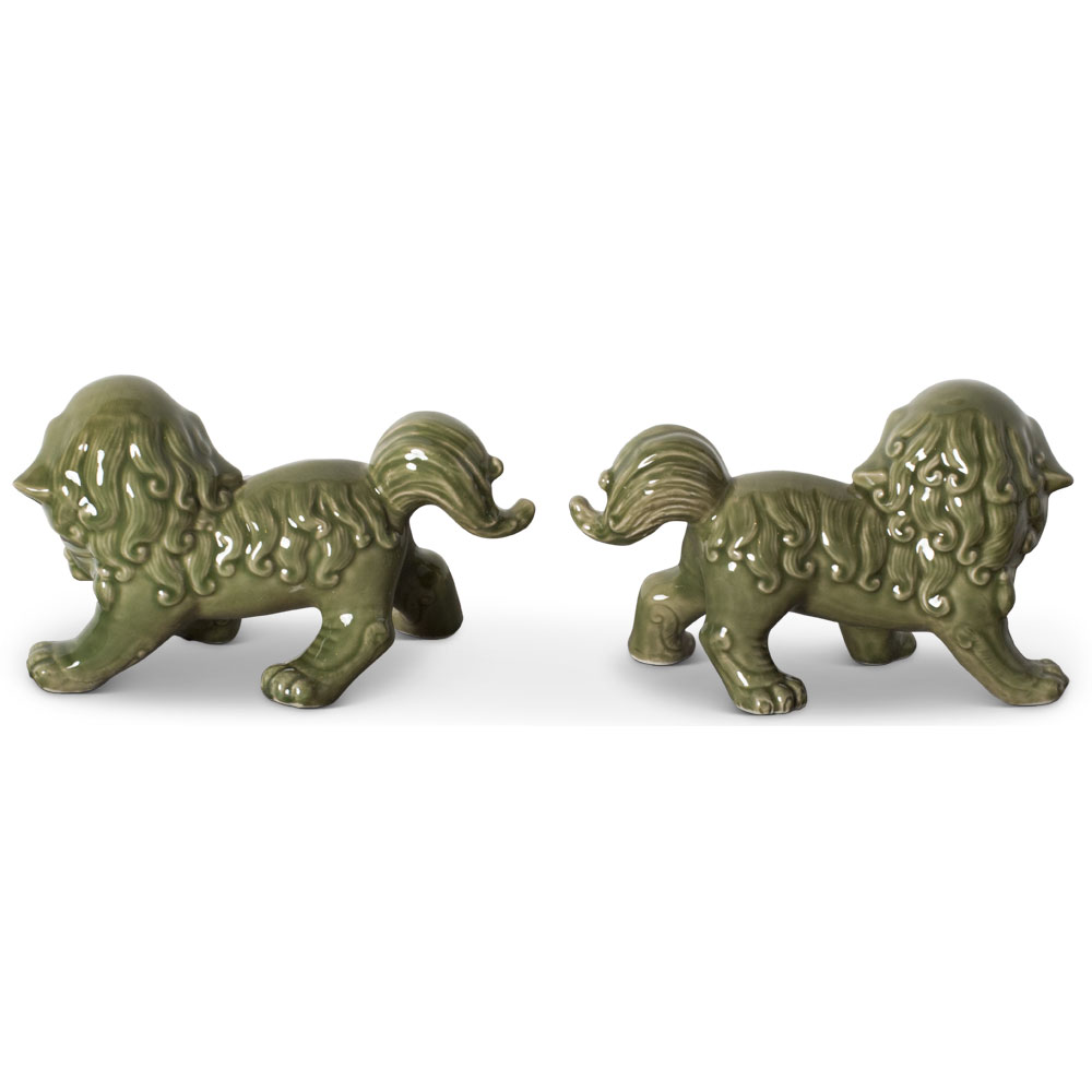 Green Porcelain Standing Chinese Foo Dog Set