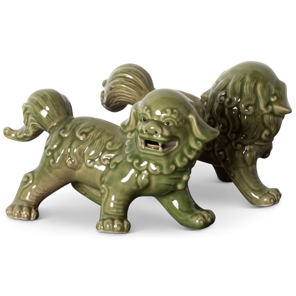 Green Porcelain Standing Chinese Foo Dog Set