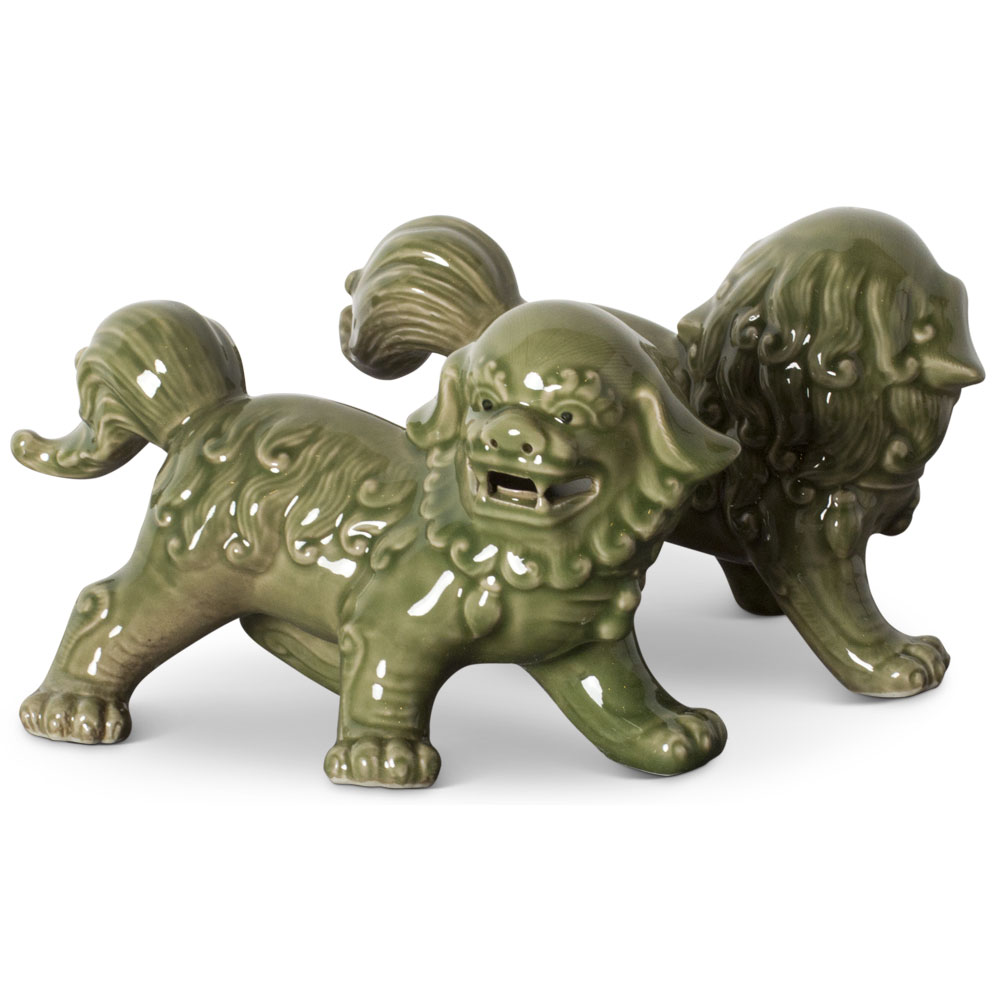 Green Porcelain Standing Chinese Foo Dog Set