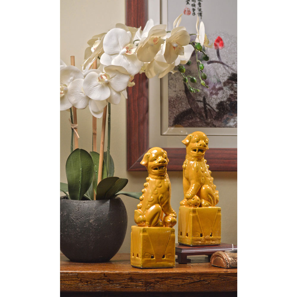 Yellow Porcelain Chinese Foo Dog Set