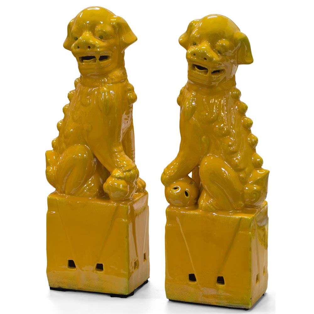 Yellow Porcelain Chinese Foo Dog Set