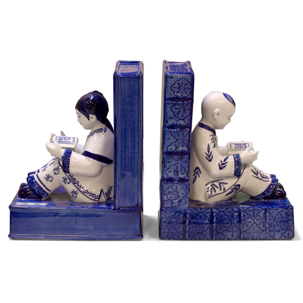 Blue and White Porcelain Reading Boy and Girl Asian Bookends