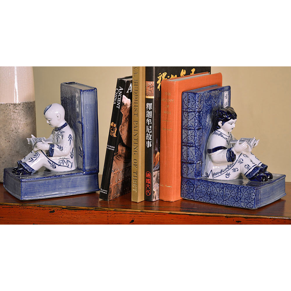 Blue and White Porcelain Reading Boy and Girl Asian Bookends