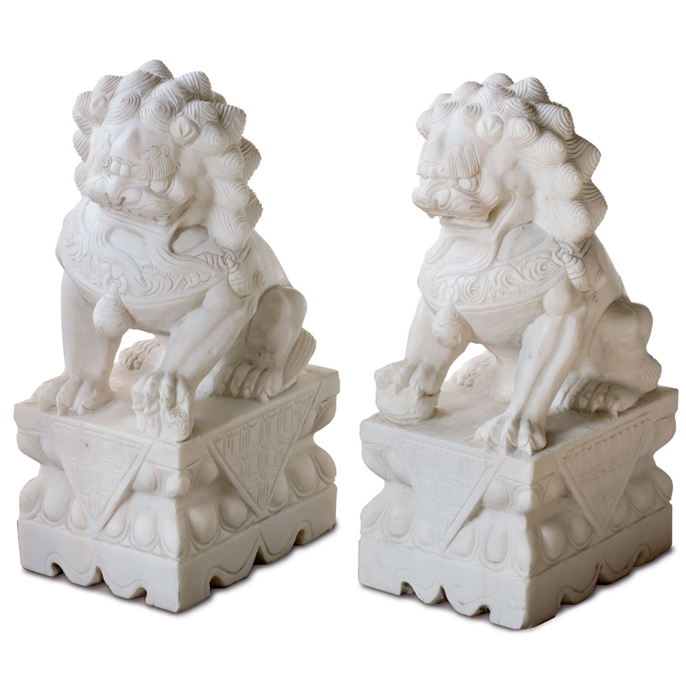 20.5 Inch Tall Marble Chinese Foo Dogs Statue Set