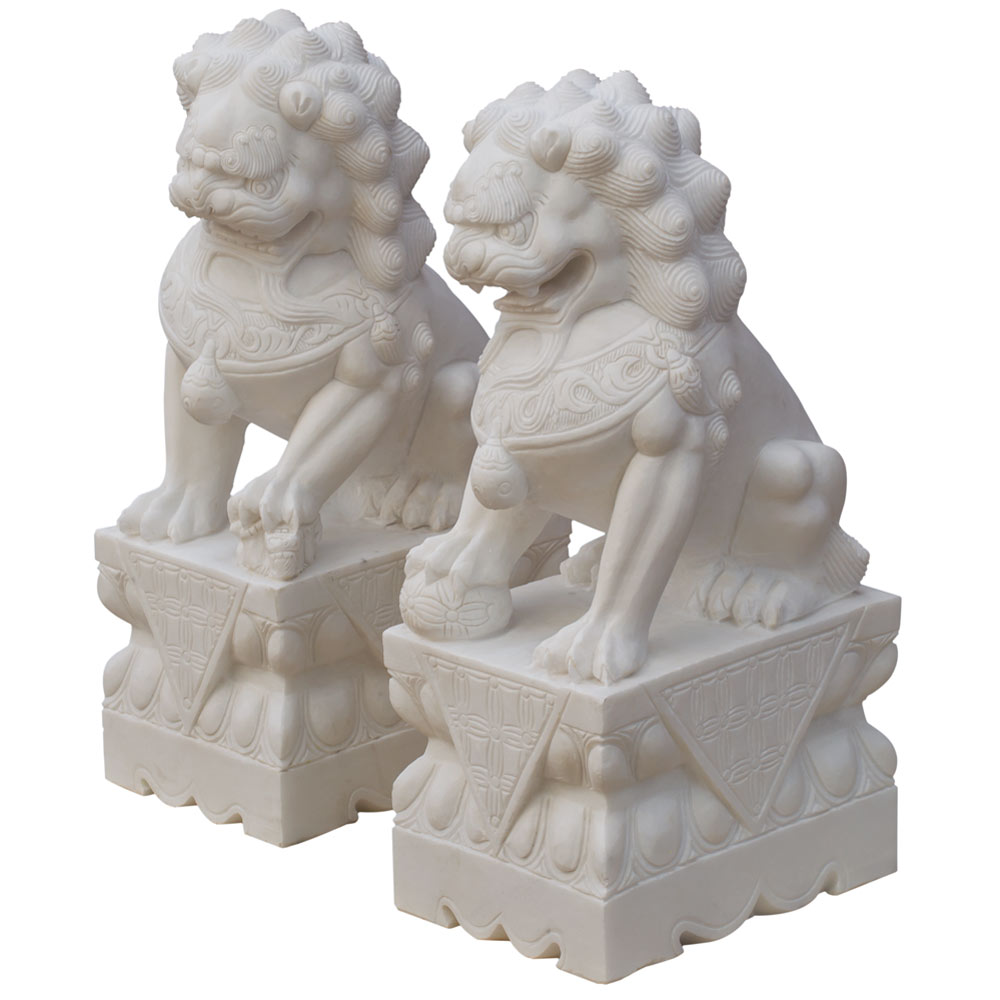 31in Grand Imperial White Marble Chinese Foo Dogs Statues - Free Threshold Delivery Included
