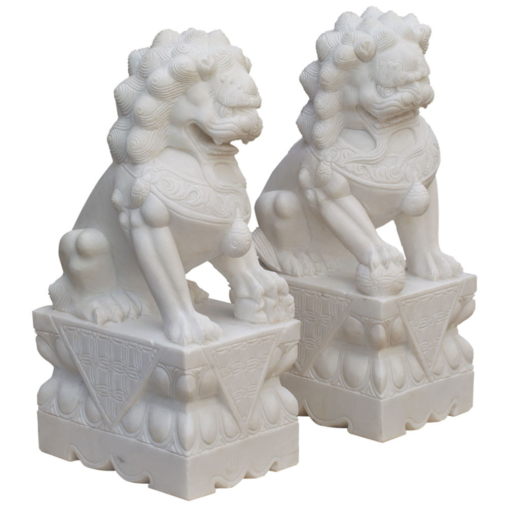 31in Grand Imperial White Marble Chinese Foo Dogs Statues - Free Threshold Delivery Included