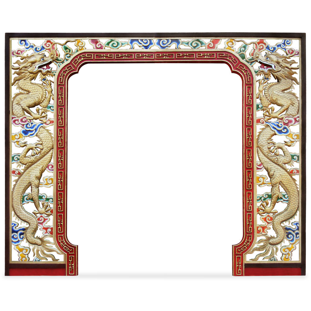 Wooden Dragon Motif Chinese Palace Entryway Gate