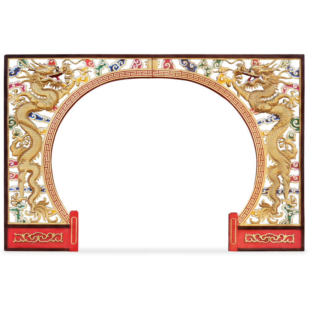 Wooden Dragon Motif Moon Chinese Entryway Gate
