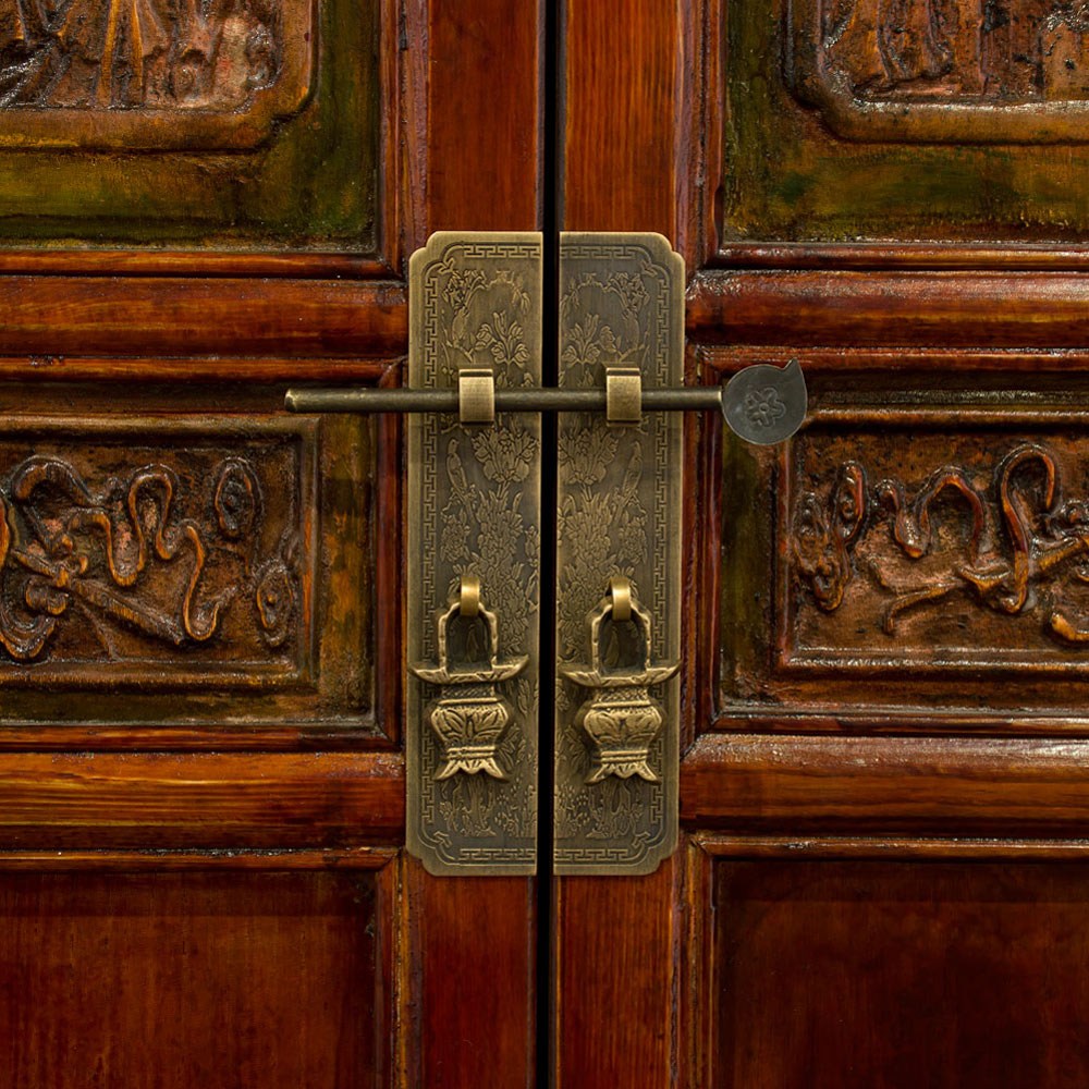 Vintage Elmwood Chinese Armoire with Carved Panels