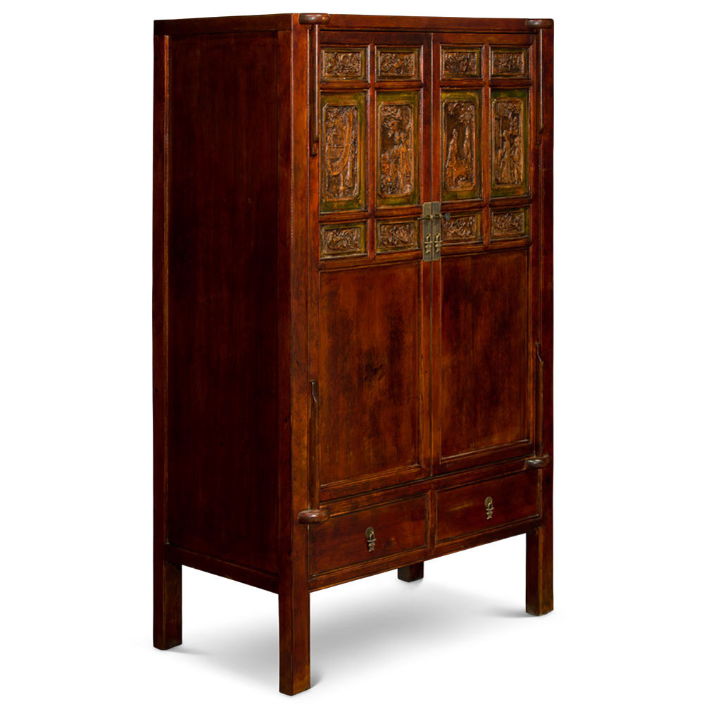 Vintage Elmwood Chinese Armoire with Carved Panels