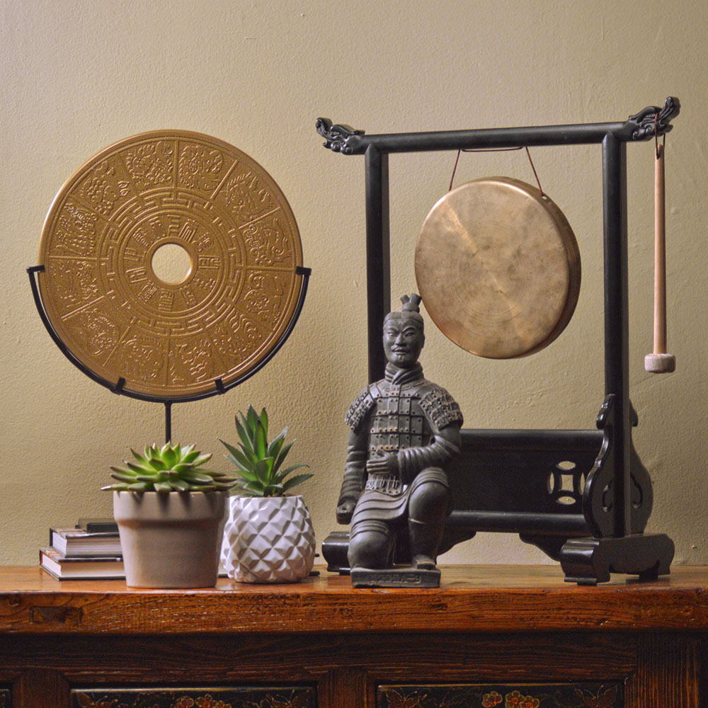 Chinese Gilded Zodiac Stone Prosperity Coin on Iron Stand