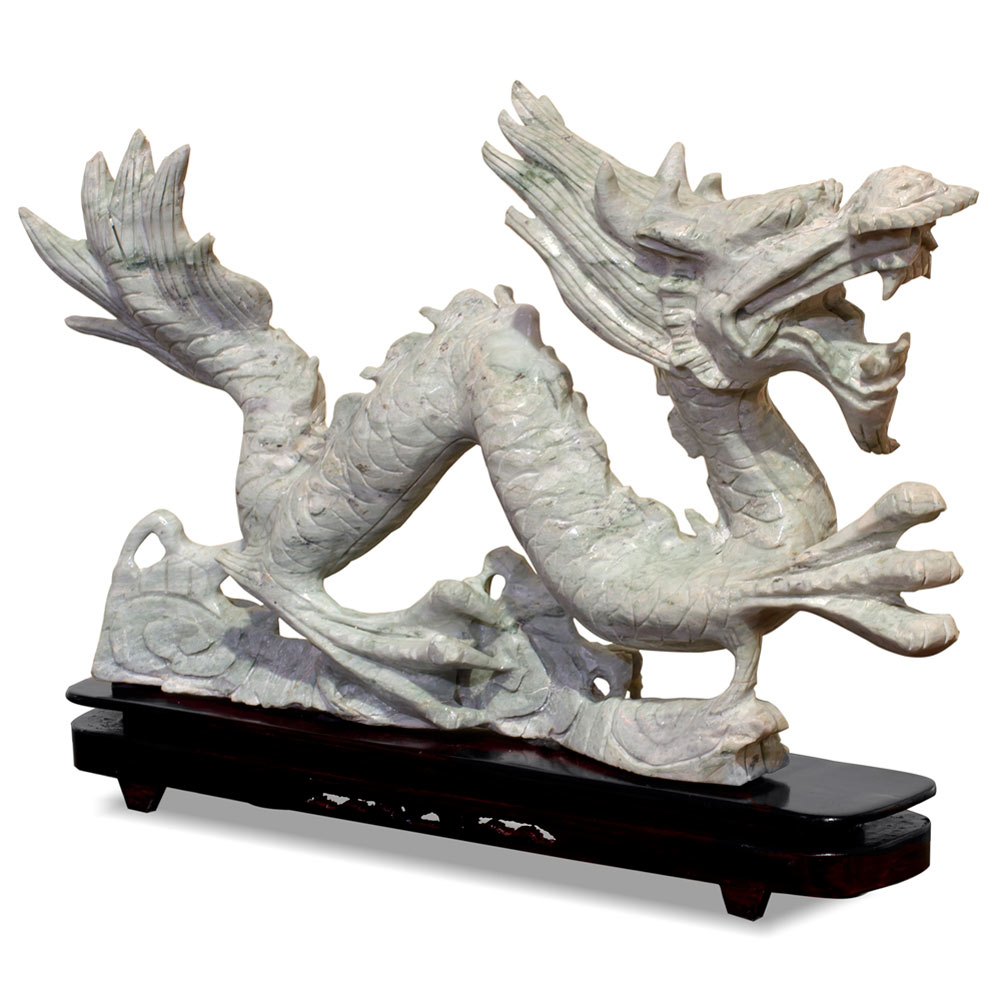 Jade Flying Dragon Chinese Statue with Wooden Stand