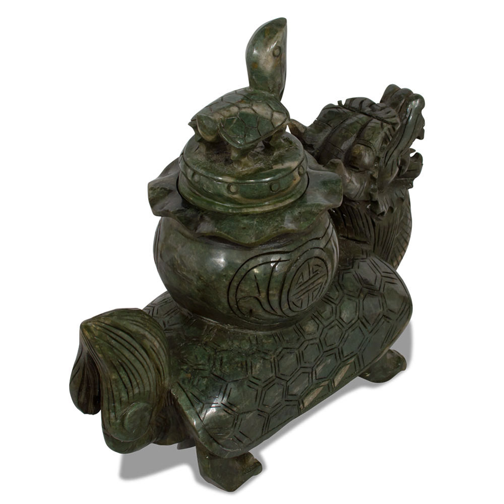 Hand Carved Chinese Jade Dragon Turtle Incense Burner with Lid