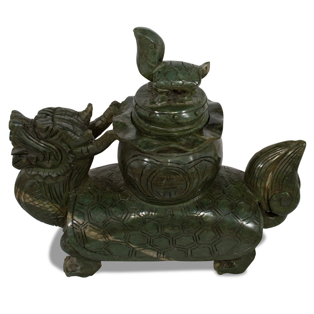 Hand Carved Chinese Jade Dragon Turtle Incense Burner with Lid