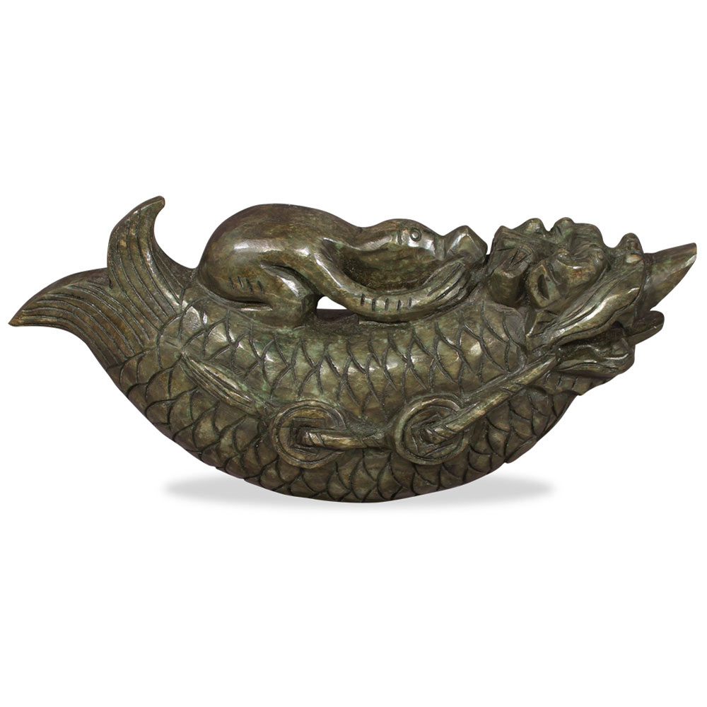 Hand Carved Chinese Jade Dragon Fish with Money Reins