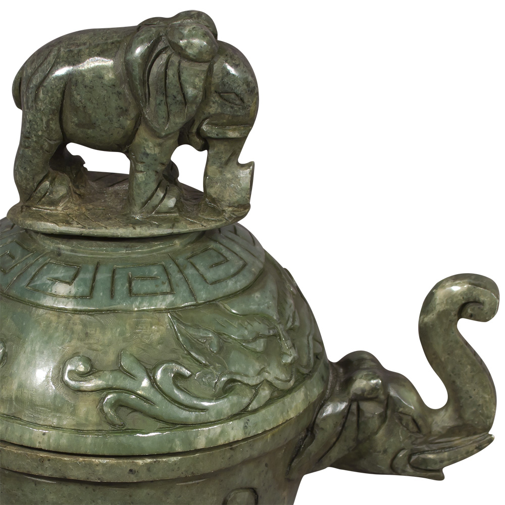 Hand Carved Chinese Jade Elephant Motif Incense Burner with Domed Lid