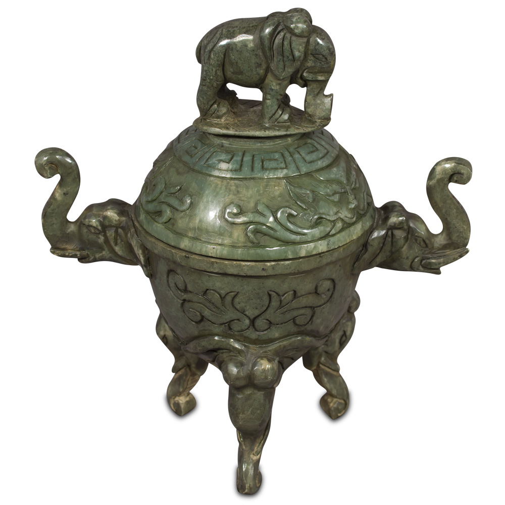 Hand Carved Chinese Jade Elephant Motif Incense Burner with Domed Lid